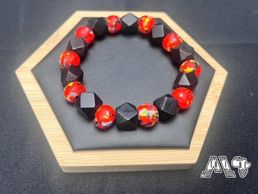 Black & Red African Glass Bead Bracelet, Handmade, Chunky, Hex/Round, Wood/Glass Beads Men/Women