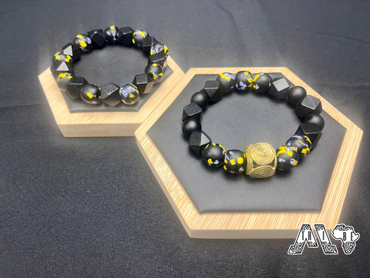 Black and Yellow African Glass Bead Bracelet Set, Handmade, Chunky, Hex/Round, Wood/Glass Beadseads Men/Women