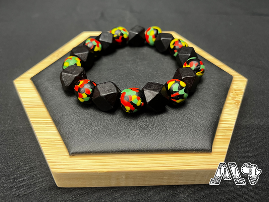 African Glass Bead Bracelet Pan-African Colors, Handmade, Chunky, Hex/Round, Wood/Glass Beads Men/Women