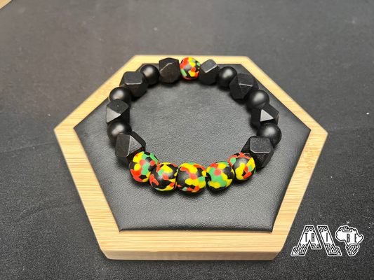 Rasta/Pan-African Colors, African Glass Bead Bracelet, Handmade, Chunky, Hex/Round, Wood/Glass Beads